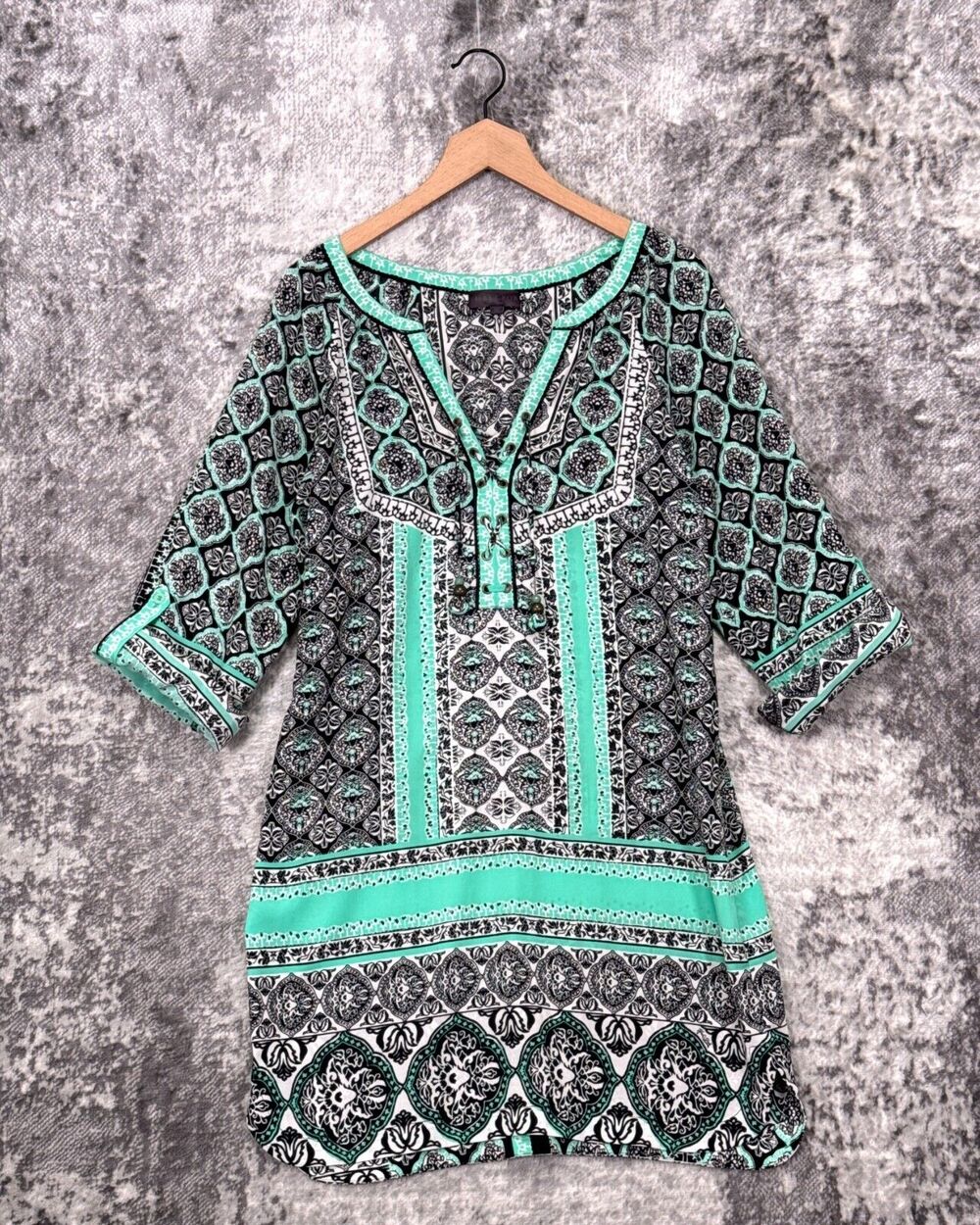 Hale Bob Dress Medium Womens Green Patterned Kaftan Tunic